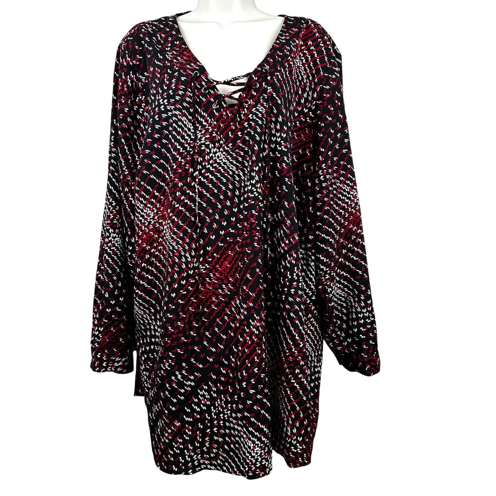 Catherines Blouse Top Lace Up Geometric Pattern Tassels Black Red 2X Classic
